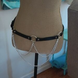 Faux Black Leather Belt with Silver Chains